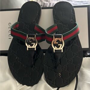 Gucci GG Web Stripe Thong Sandals EU361 /2US61/2 blackFlip Flop Slide